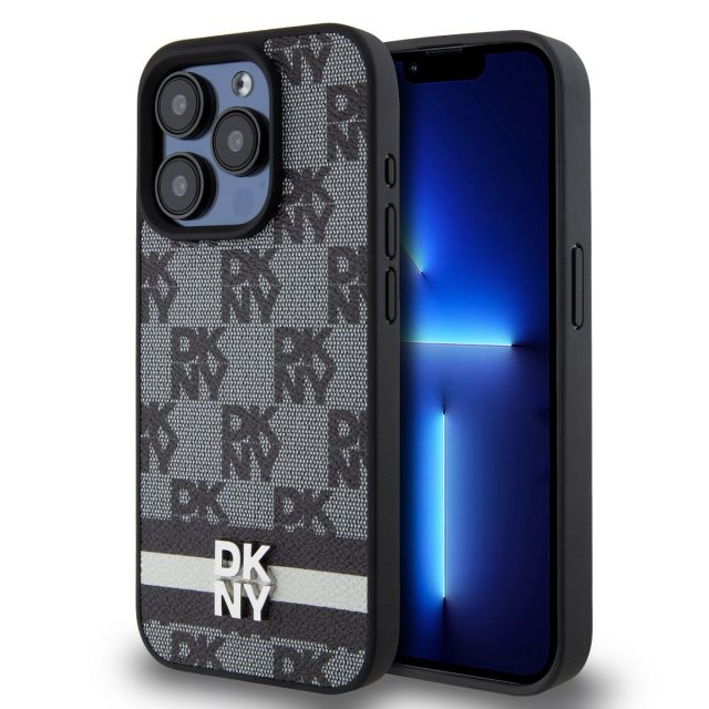 DKNY PU Leather Checkered Pattern and Stripe Zadní Kryt pro iPhone 14 Pro Black