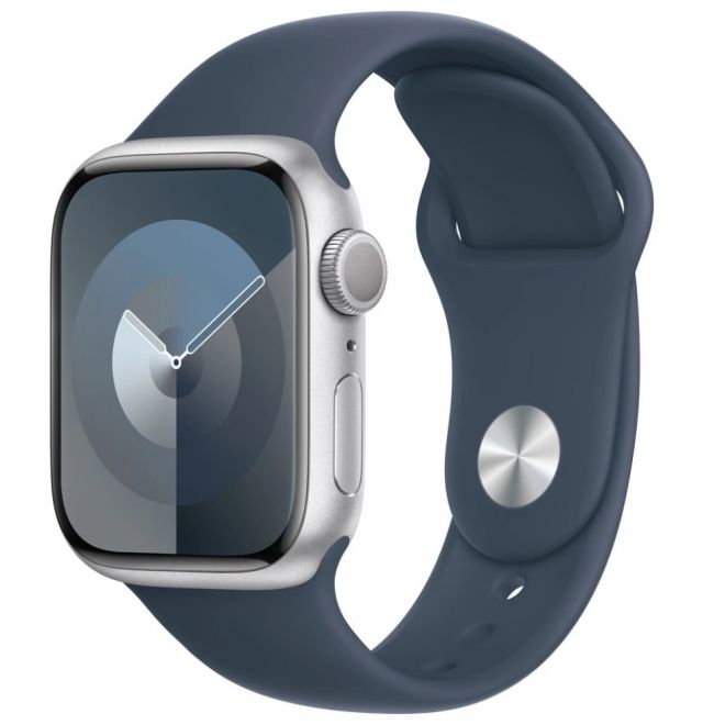 Apple Watch Series 9 41mm Stříbrný hliník s bouřkově modrým sportovním řemínkem S/M
