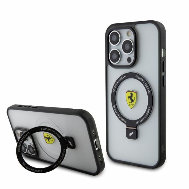 Ferrari Ring Stand MagSafe Zadní Kryt pro iPhone 15 Pro Black