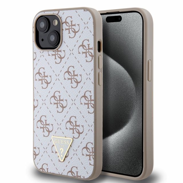 Guess PU Leather 4G Triangle Metal Logo Zadní Kryt pro iPhone 14 White