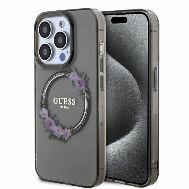 Guess PC/TPU Flowers Ring Glossy Logo MagSafe Zadní Kryt pro iPhone 15 Pro Max Black