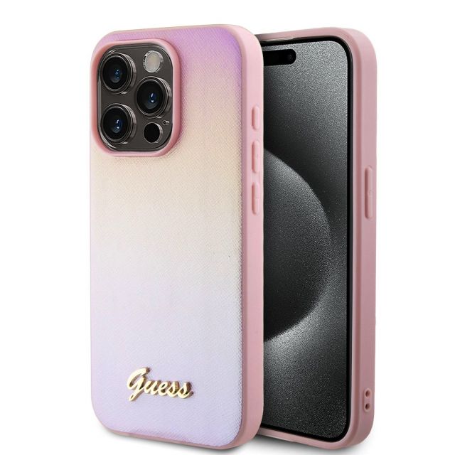 Guess PU Leather Iridescent Metal Script Zadní Kryt pro iPhone 15 Pro Max Pink
