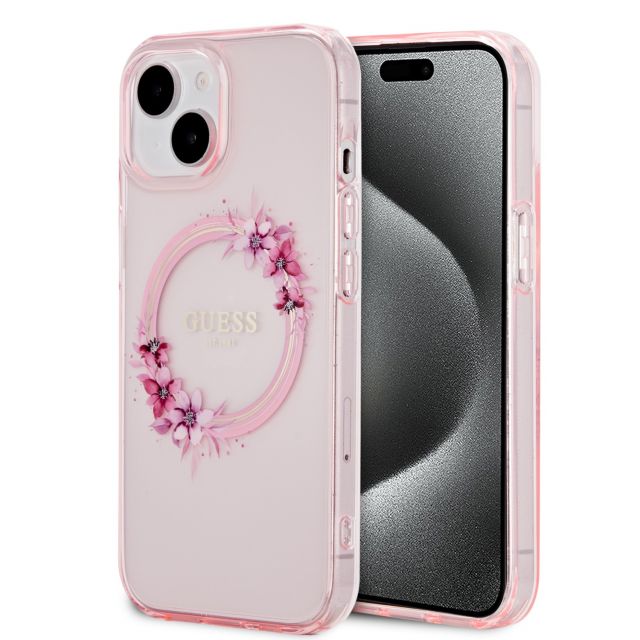Guess PC/TPU Flowers Ring Glossy Logo MagSafe Zadní Kryt pro iPhone 15 Pink