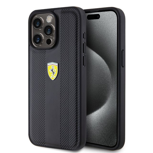 Ferrari PU Leather Hot Stamp Groove Pattern Zadní Kryt pro iPhone 15 Pro Max Black