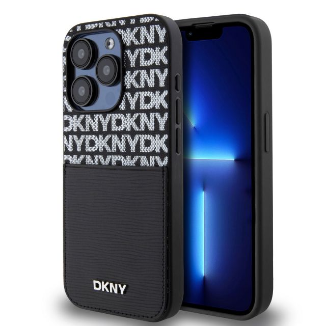 DKNY PU Leather Repeat Pattern Card Pocket Zadní Kryt pro iPhone 15 Pro Black