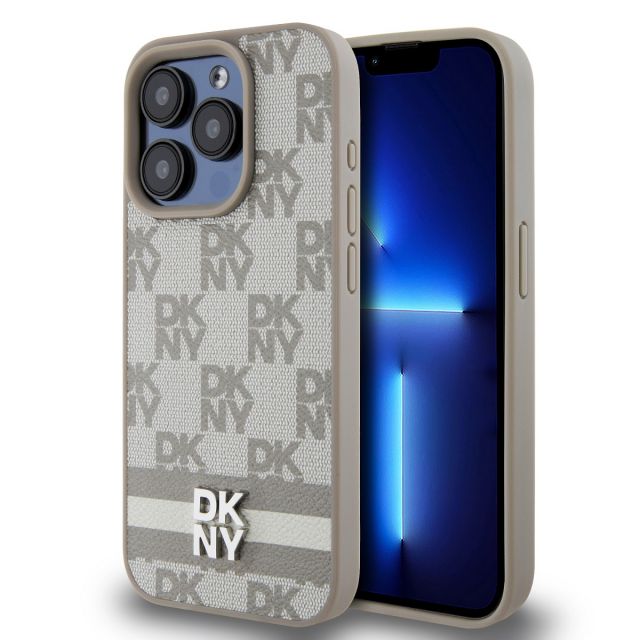 DKNY PU Leather Checkered Pattern and Stripe Zadní Kryt pro iPhone 15 Pro Beige