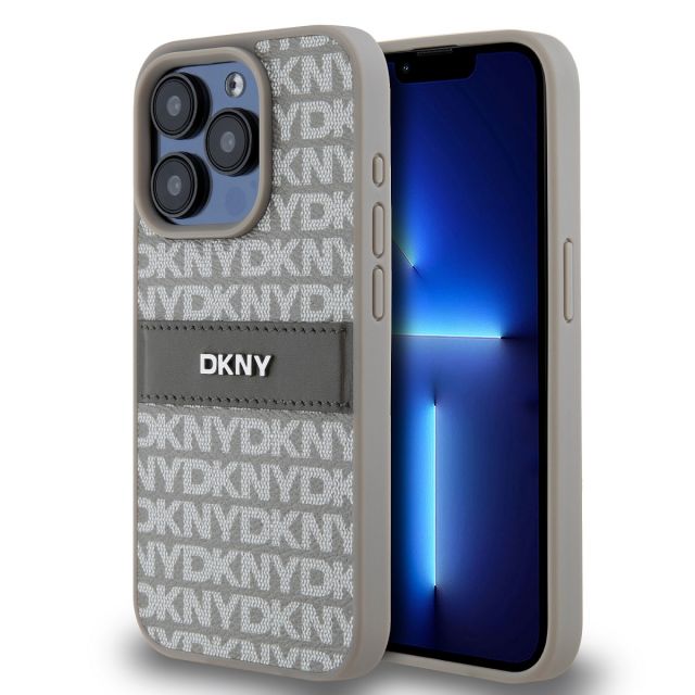 DKNY PU Leather Repeat Pattern Tonal Stripe Zadní Kryt pro iPhone 15 Pro Beige
