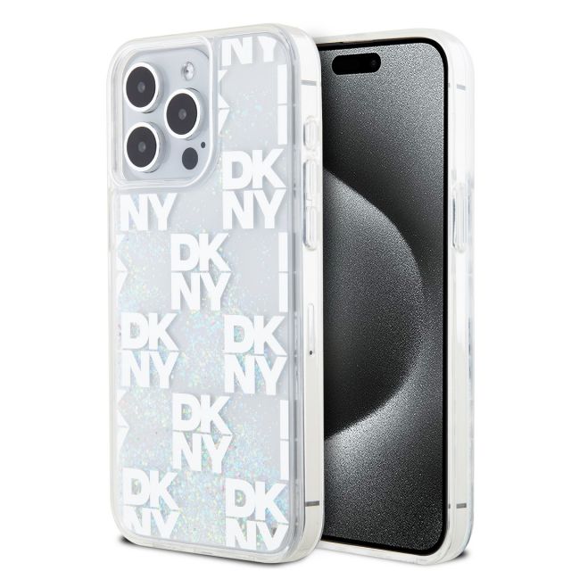 DKNY Liquid Glitter Checkered Pattern Zadní Kryt pro iPhone 15 Pro Max Transparent