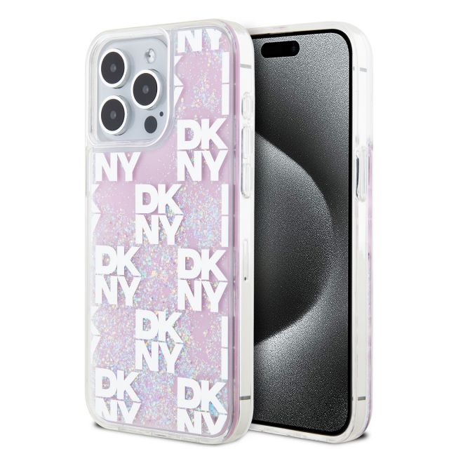 DKNY Liquid Glitter Checkered Pattern Zadní Kryt pro iPhone 15 Pro Max Pink