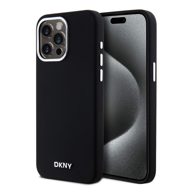 DKNY Liquid Silicone Silver Metal Logo Magsafe Zadní Kryt pro iPhone 15 Pro Max Black