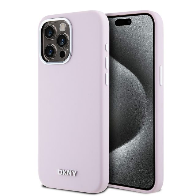DKNY Liquid Silicone Silver Metal Logo Magsafe Zadní Kryt pro iPhone 15 Pro Max Pink