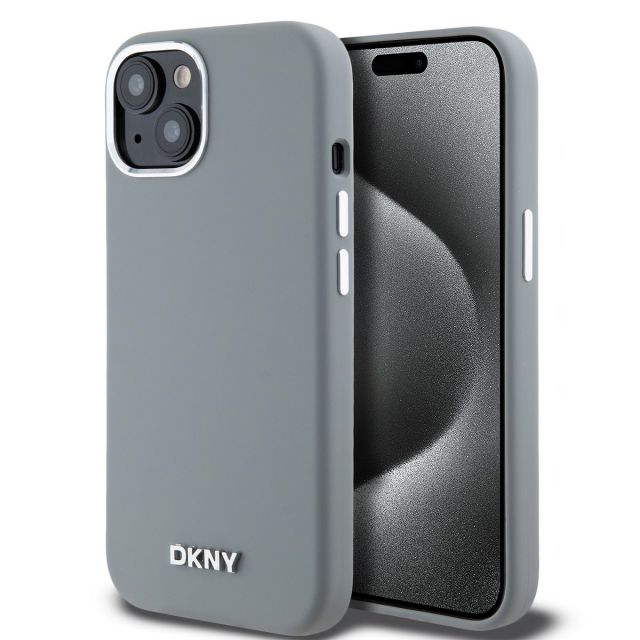 DKNY Liquid Silicone Silver Metal Logo Magsafe Zadní Kryt pro iPhone 15 Grey