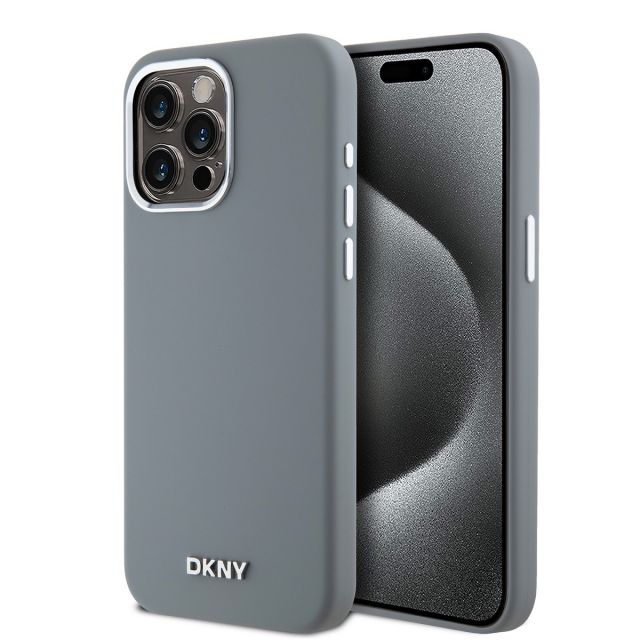 DKNY Liquid Silicone Silver Metal Logo Magsafe Zadní Kryt pro iPhone 15 Pro Max Grey
