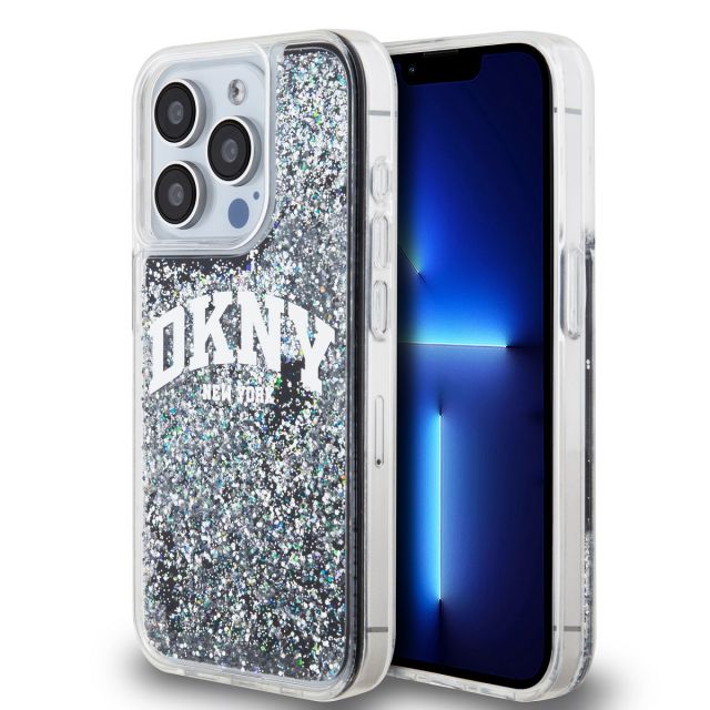 DKNY Liquid Glitter Arch Logo Zadní Kryt pro iPhone 15 Pro Black