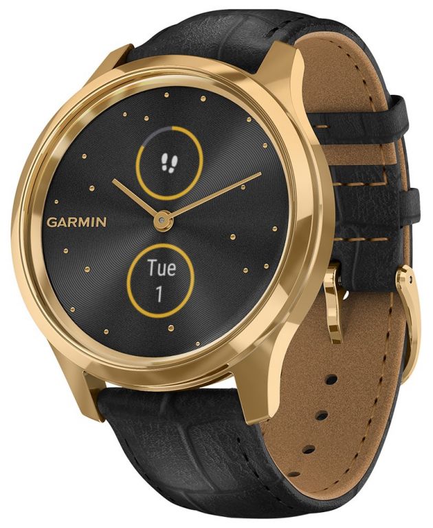 GARMIN chytré elegantní fitness hodinky vívomove3 Luxe, 24K Gold/BlackLeather Band