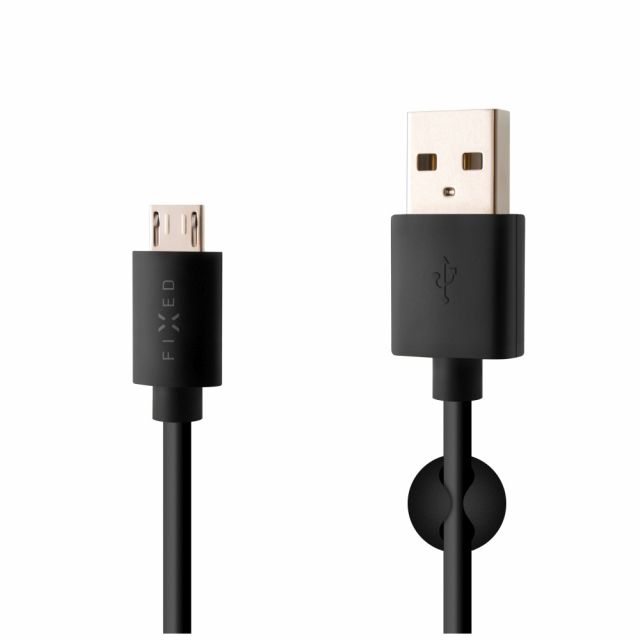 Datový a nabíjecí kabel FIXED s konektory USB/micro USB, 1 metr, 20W, černý