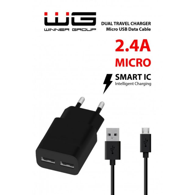 Síťová nabíječka 2xUSB (2,4A)-Smart IC (Micro USB cable) (Černá)