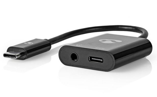 NEDIS USB-C adaptér/ USB-C zástrčka – 3,5 mm jack zásuvka + USB-C zásuvka/ černý/ 15cm