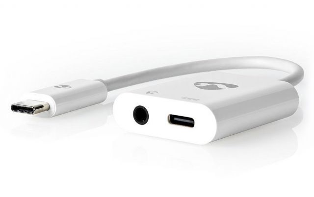 NEDIS USB-C adaptér/ USB-C zástrčka – 3,5 mm jack zásuvka + USB-C zásuvka/ bílý/ 15cm