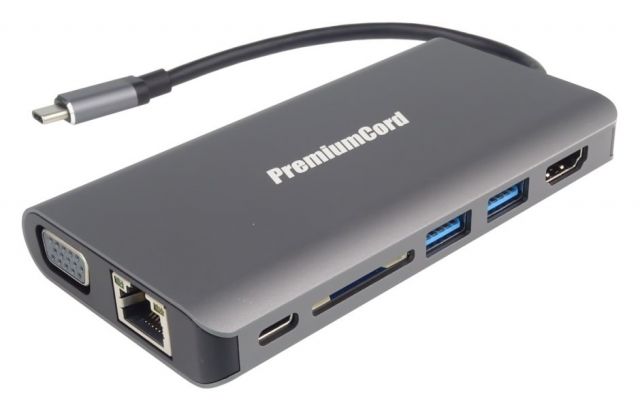PremiumCord adaptér USB3.1 typ C na HDMI+VGA/ RJ45/ 2xUSB3.0/ SD/ 3,5mm/ PD charge