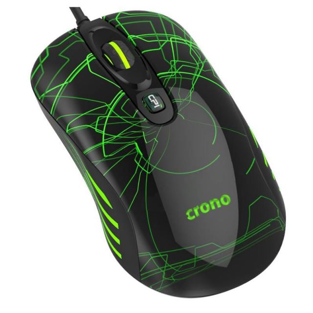 CRONO myš OP-636G/ gaming/ drátová/ laser/ 3200 dpi/ LED podsvícení/ USB/ černo-zelená