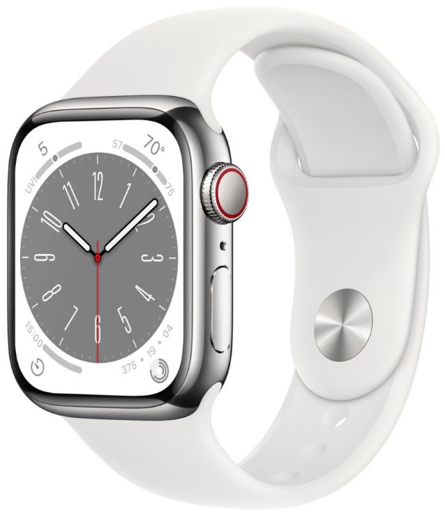 Apple Watch Series 8 GPS + Cellular 41mm Silver Stainless Steel Case with White Sport Band - Regular