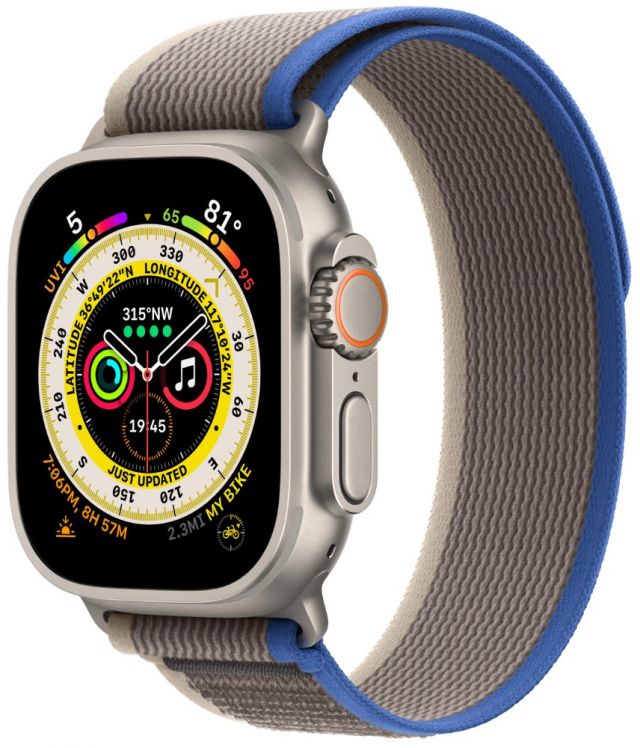Apple Watch Ultra GPS + Cellular, 49mm Titanium Case with Blue/Gray Trail Loop - S/M