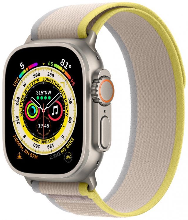 Apple Watch Ultra GPS + Cellular, 49mm Titanium Case with Yellow/Beige Trail Loop - M/L