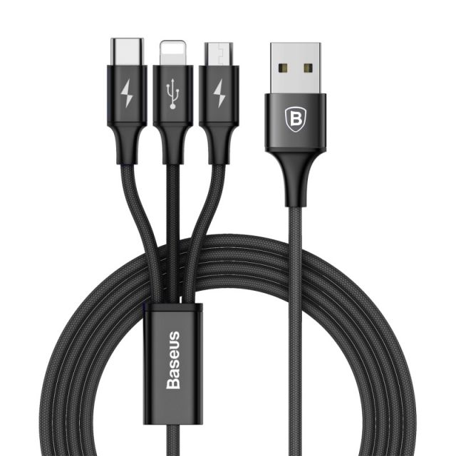 Baseus Rapid Series 3-in-1 Cable Micro + Lightning + Type-C 3A 1.2M Black