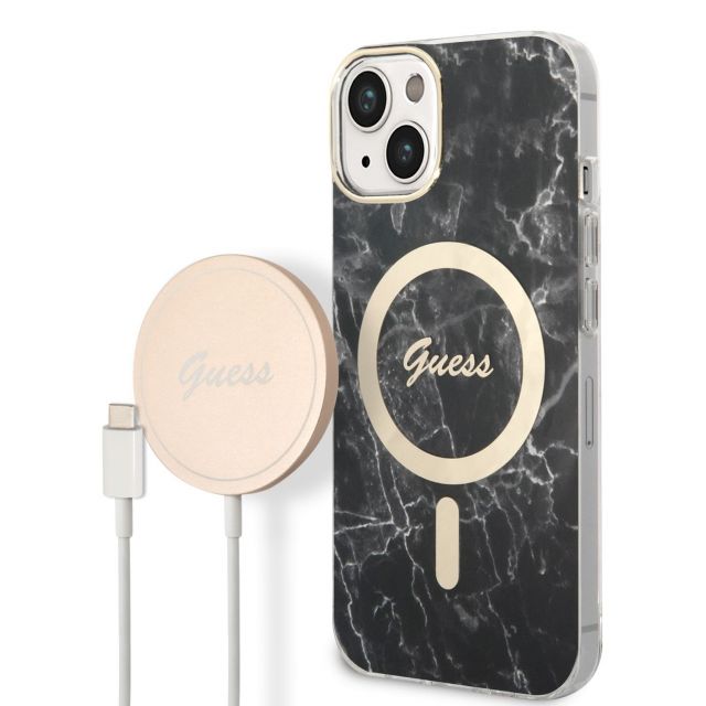 Guess Marble MagSafe Kompatibilní Zadní Kryt + Bezdrátová Nabíječka pro iPhone 14 Black