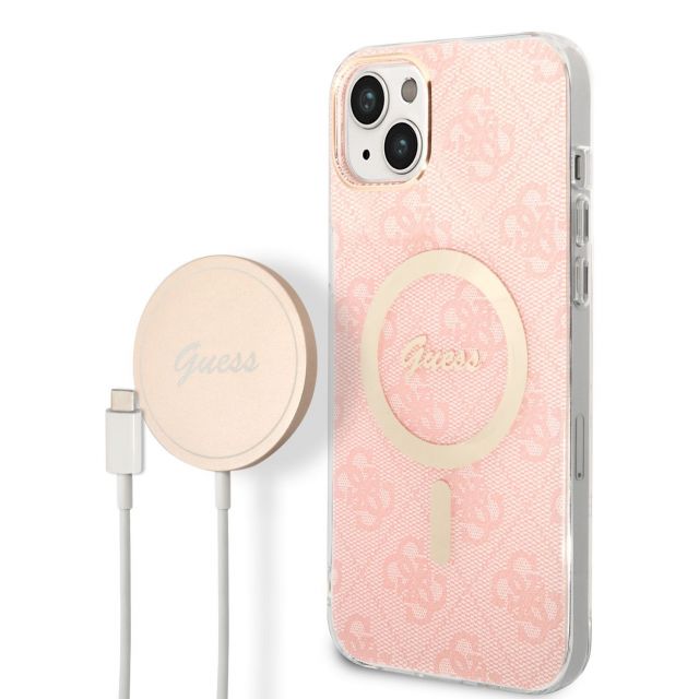 Guess 4G MagSafe Kompatibilní Zadní Kryt + Bezdrátová Nabíječka pro iPhone 14 Plus Pink