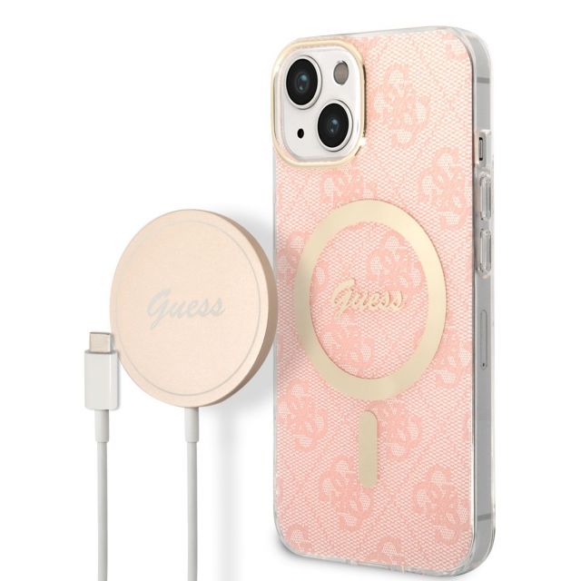 Guess 4G MagSafe Kompatibilní Zadní Kryt + Bezdrátová Nabíječka pro iPhone 14 Pink