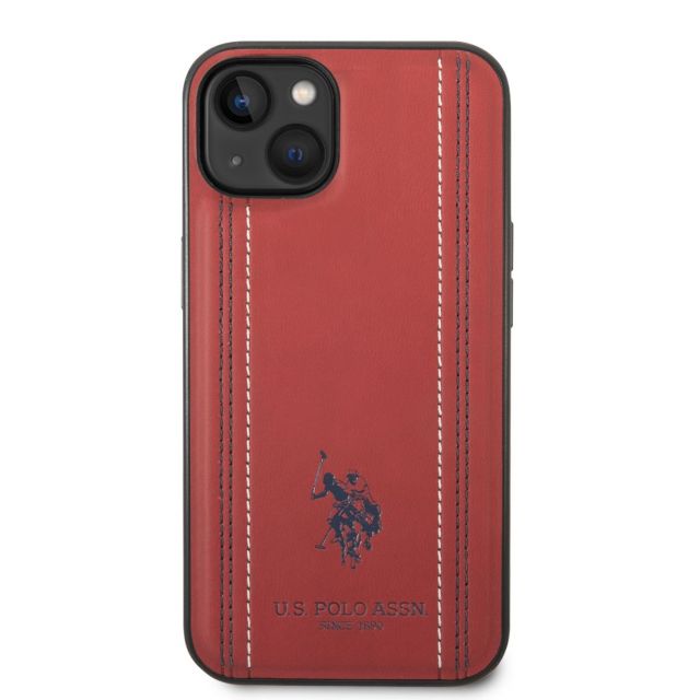 U.S. Polo PU Leather Stitched Lines Zadní Kryt pro iPhone 14 Plus Red
