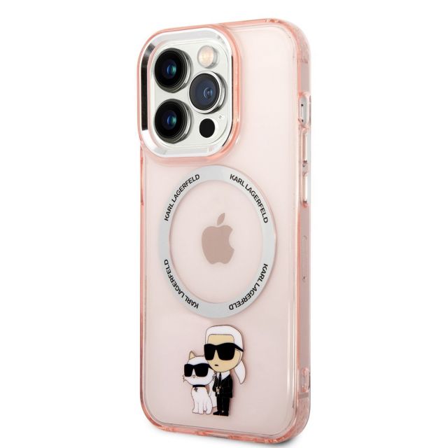 Karl Lagerfeld MagSafe Kompatibilní Kryt Translucent Karl and Choupette pro iPhone 14 Pro Pink