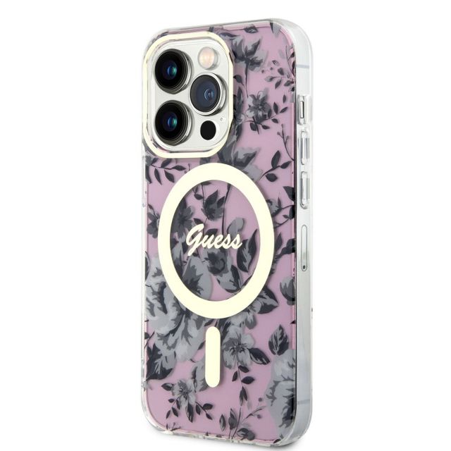Guess PC/TPU Flowers IML MagSafe Kompatibilní Zadní Kryt pro iPhone 14 Pro Pink