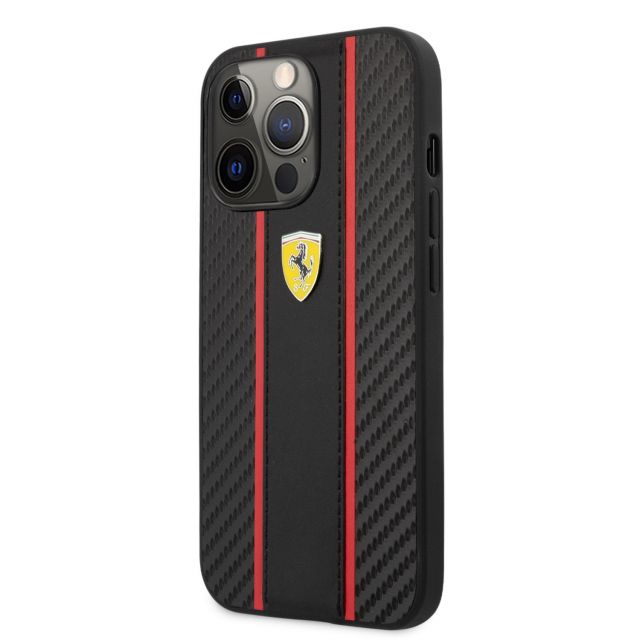 Ferrari PU Carbon Effect Metal Logo Zadní Kryt pro iPhone 14 Pro Black