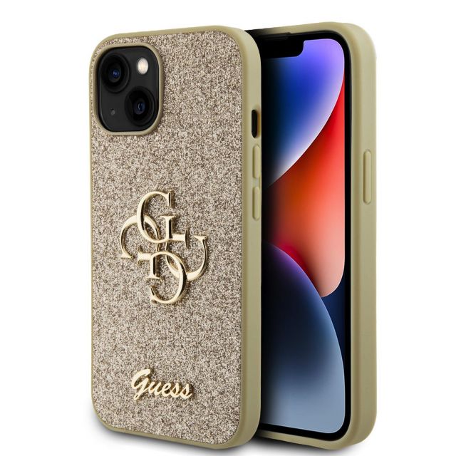 Guess PU Fixed Glitter 4G Metal Logo Zadní Kryt pro iPhone 15 Gold